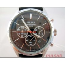 Mens Classic Black Leather Pulsar Pt3 Chronograph Gents Watch In Box