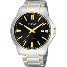 Mens Pulsar Two Tone Stainless Silver Black Dial Watch