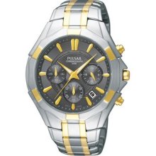 Mens Pulsar Two Tone Stainless Silver Grey Dial Chronograph Watch