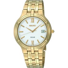 Men's Seiko Solar Quartz Sne030 Gold Tone Stainless Steel White Dial Watch