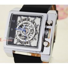 Mens Square Silver Skeleton Auto Mechanical Watch Leather Blue Hand White