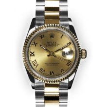 Men's Two Tone Oyster Champagne Roman Dial Fluted Bezel Rolex Datejust