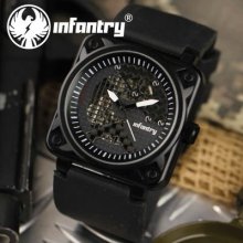 Military Mechanical Infantry Hand-winding Skeleton Mens Black Rubber Watch