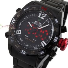 Military Sports Led Alm Mens Watch Full Black Steel Quartz Date Week 3atm