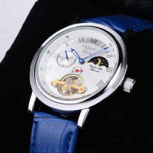 Minoir Men's Automatic Skeleton Day Night Feature Blue Leather Watch - Bnib