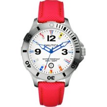 Nautica Bfd 101 Diver Flag A12567g White Dial Red Strap Date 100m Uk Seller