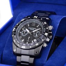 Nautical Time Mens Chronograph Movement Black Dial Watch Black Plated Strap