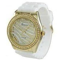 NEW GENEVA White Zebra Silicone Rhinestone Watch - With Gold Tone Bezel