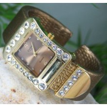 New Gold Tone Brown Leather Look Crystal Bracelet Watch