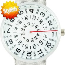 Novel Cool Rotational Dial Unisex Men Wrist Watch Clear White Face&band Red Line