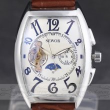 Novel Moon Phase Dial Design Luxury Auto Mechancial Men Wrist Watch Leather