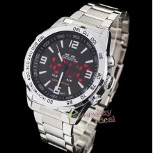 Ohsen Black Dual Dispaly Japan Movt Mens Quartz Dive Watch Stainless Digital