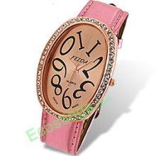 Oval Dial Pink Leather Band Rhinestone Lady's Watch