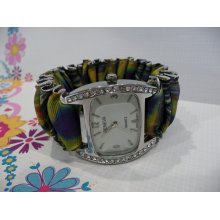 Peacock Feather Print Ribbon Watch with Silver Rhinestone and White face