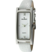 Peugeot Women's Rectangular Silver-Tone With White Leather Strap Watch