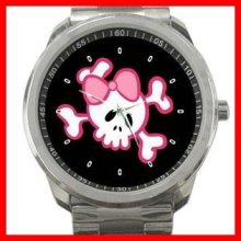 Pink Girly Skull Skelecton Fun Silvertone Sports Metal Watch 156