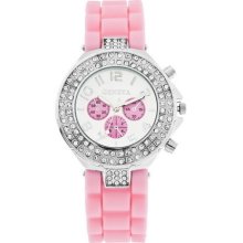 Pink Silicone Matching Band/Dial With Rhinestones CZ Bling Silver Tone Watch