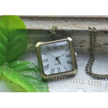 Pocket Watch Necklace Pendant Square Roman Glass Bronze Lockets Wp137