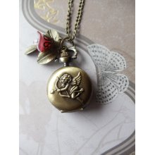 Pocket watch pendant, cupids arrow watch pendant, Pocket watch pendant with cupid theme and bronze charms