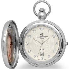 Polished silver picture frame quartz pocket watch & chain by charles