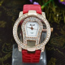 Pu Leather Red Quartz Bling Crystal Transparent Hollow Women Girls Wrist Watch
