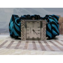 Puffy Turkoise Blue and Black Striped Grosgrain Ribbon Hammered Silver Watch