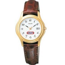 Pulsar Goldtone Ladies` Strap Watch W/ Brown Crocodile Grain Leather Strap