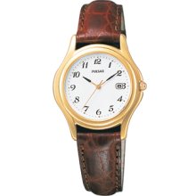 Pulsar Ladies Brown Leather White Face Watch