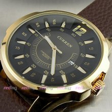 Quartz Hour Dial Date Day Clock Leater Golden Sort Men Steel Wrist Watch W229