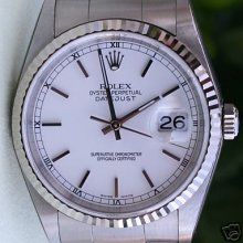 Rolex Datejust Mens Stainless Steel White Gold Bezel White Dial Box & Booklet