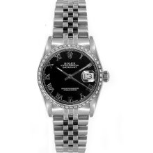 Rolex Women's Datejust Midsize Stainless Steel Custom Diamond Bezel Black Roman Dial