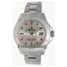 Rolex Yachtmaster Full-Size Unused Stainless Steel & Platinum Bezel Model 16622 w/ Custom Beautiful Mother of Pearl and Fiery Red Ruby Marker Dial