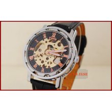 Rose Gold Roman Hollow Gold Skeleton Mens Auto Wrist Watch Black Leather