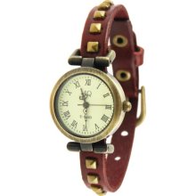 Round Dial PU Leather Band Analog Quartz Watch (Red) - Metal