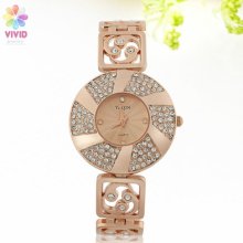 Round Pave Set Windmill Dial Rose Gold Plate Lady Bracelet Stainless Steel Watch