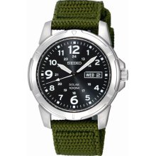 Seiko Men's Stainless Steel Solar Quartz Black Dial Green Nylon Strap SNE095P2