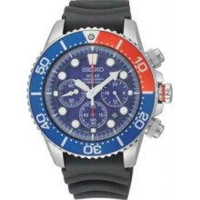 Seiko SSC031 Mens Stainless Steel Solar Quartz Chronograph Blue Dial Black Rubber Strap