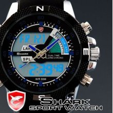 Shark Lcd Digital Blue Number Alarm Chronograph Rubber Quartz Men Watch Gift