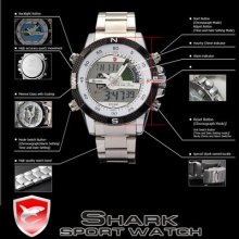 Shark Lcd Digital White Dial Chronograph Stainless Steel Quartz Men Sport Watch