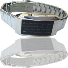 Silver 44-LED 3-Color-Light Digit Mens Stainless Steel Wrist Watch with Weekday Display