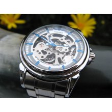 Silver and Blue Men's Classic Mechanical Wrist Watch in Stainless Steel - Automatic Watch - Steampunk Era - Groomsmen - Watch - Item MWA1074