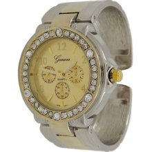 Silver And Gold Cuff Bangle Crystal Bezel Geneva Watch + Free Gift Box