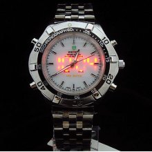 Silver S-steel Red Led Light Double Time Men Boy Quartz Wristwatch Sport Fashion