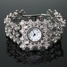 Silvery Diamond Women Girls' Alloy Quartz Flower Macrame Wrist Watch