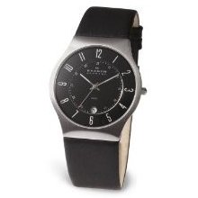 Skagen Black Leather Slim Men's Watch 24 Hour Dial Date Stainless Steel Case