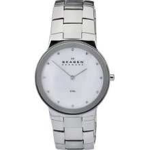 Skagen Men's Stainless Steel White Dial Watch (Women's Stainless Steel Swarovski Element Watch)