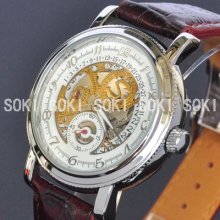 Soki Date Skeleton Automatic Mechanical Mens Analog Leather Band Watch W41