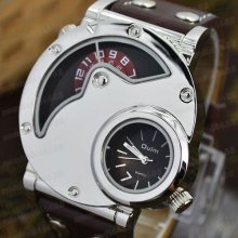 Sport Men Quartz Dual Time Zone Brown Leather Luxury Wrist Watch Hours Analog