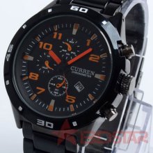 Sport Water Quartz Date Hand Orange Dial Clock Men Steel Wrist Watch 8021 Hot