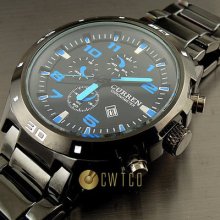 Sport Water Quartz Hours Date Hand Blue Dial Clock Men Steel Wrist Watch Wt151